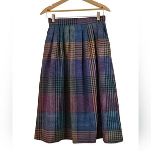 Claude Vintage A-Line Pleated Multicolored Plaid Wool Blend Midi Skirt Size 9/10